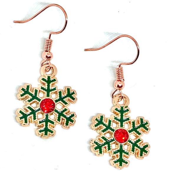 Christmas Green Enamel Red Crystal Rhinestone Snowflake Rose Gold Plate Earrings - Picture 2 of 4
